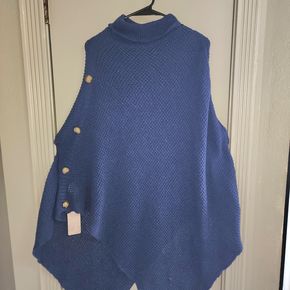 Chic Blue Knit Poncho with Button Accents